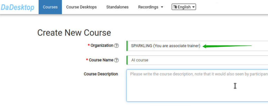 Associate trainer creates course under associate organisation
