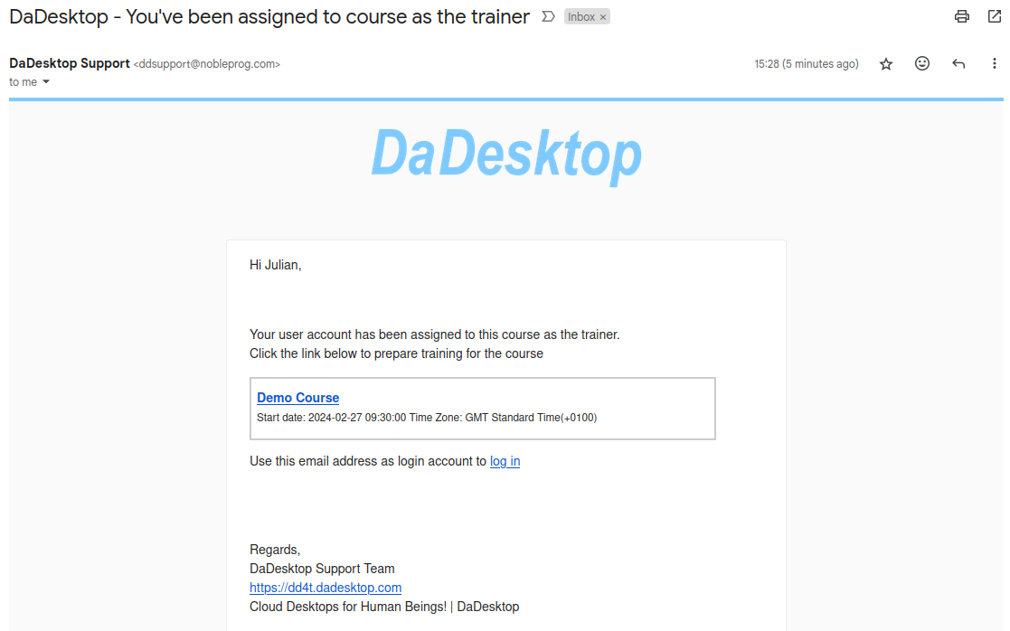 Trainer receives an email about the course assignment